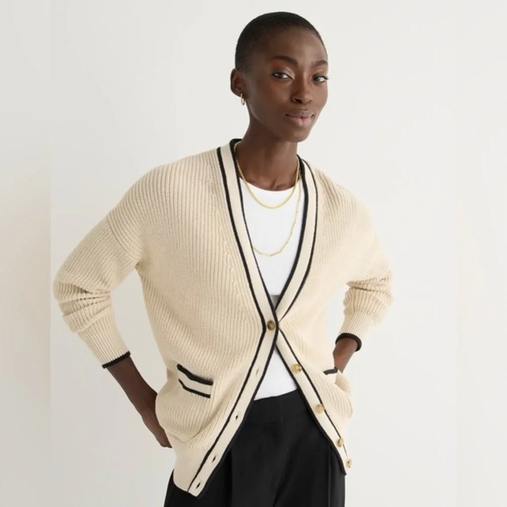 J.CREW Tipped V-neck Cotton Cardigan Sweater Women's Size Small Cream